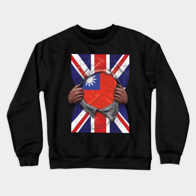 Taiwan Flag Great Britain Flag Ripped - Gift for Taiwanese From Taiwan Crewneck Sweatshirt by Country Flags